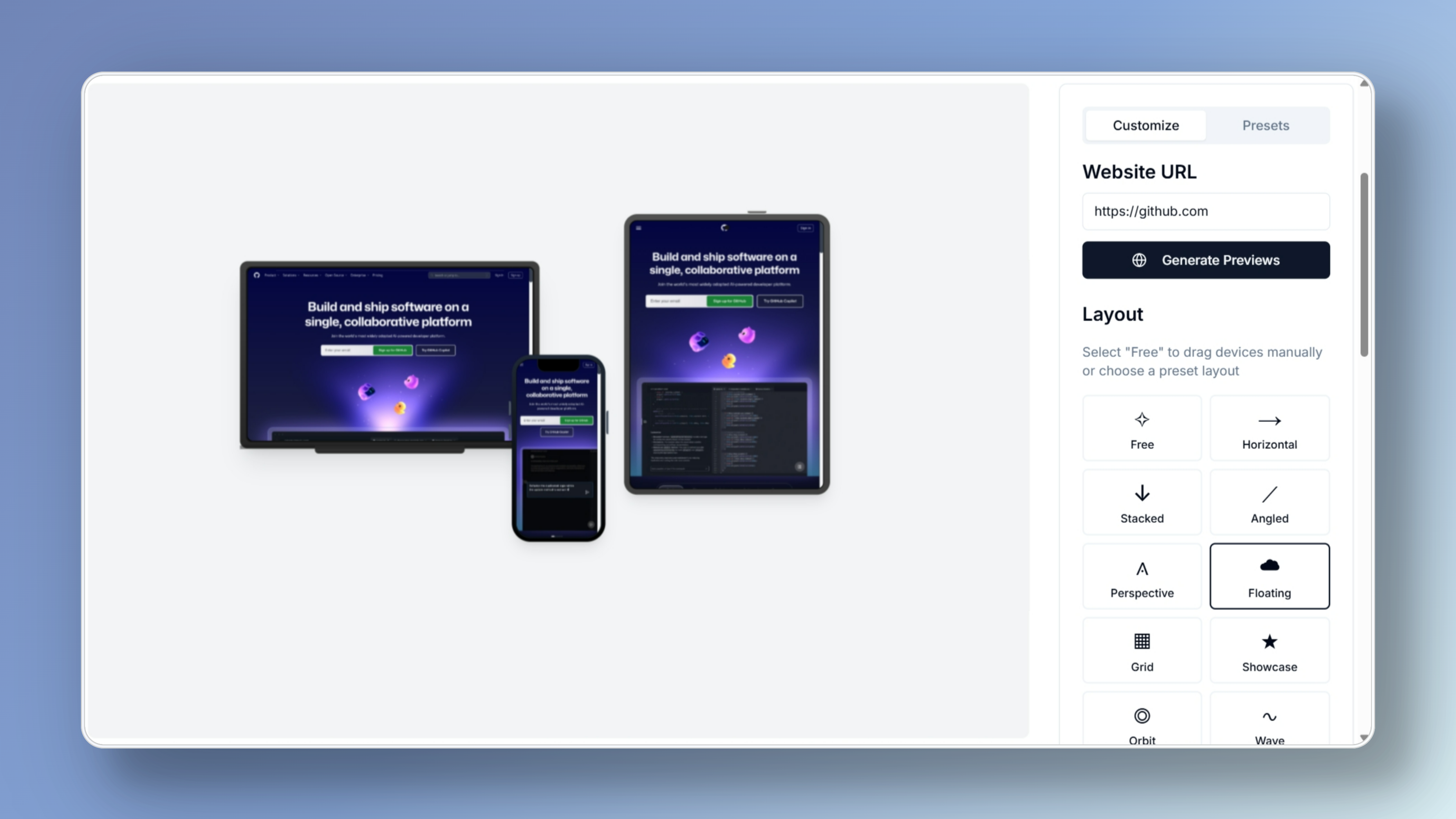 Hero image showing website mockups on various devices like laptop, mobile, tablet generated by the tool